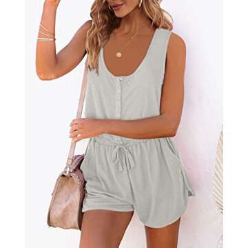 Mafulus Womens Summer Scoop Neck Button Down Sleeveless Jumpsuit Rompers Adjustable Waist Short with Pockets
