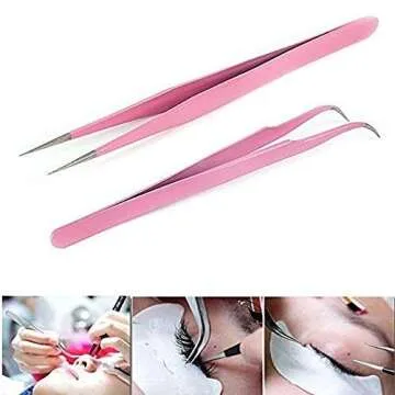 Onwon 2 Pcs Pink Stainless Steel Tweezers for Eyelash Extensions, Straight and Curved Tip Tweezers N...