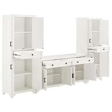 Crosley Furniture Tara 3-Piece Modern Farmhouse Sideboard Buffet Cabinet and Kitchen Storage Pantry Set, Distressed White