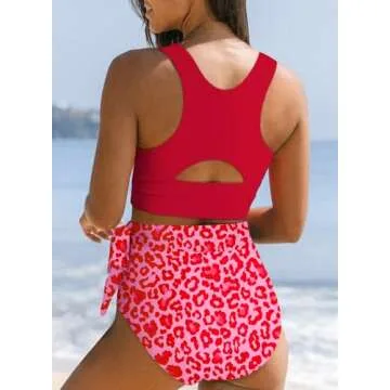 Dokotoo Womens Bikini Sets Fashion Leopard Print Scoop Neck Cutout 2024 Racerback 2 Piece Swimsuit Tie Knot Tummy Control High Waisted Bathing Suits Red Small