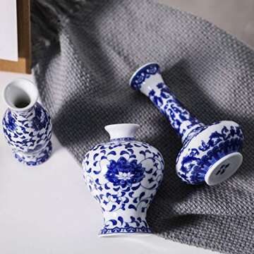 Blue and White Vase Set of 3, Cute Ceramic Bud vase in Bulk for Farmhouse Table Centerpiece Mini Vin...
