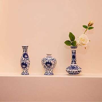 Blue and White Vase Set of 3, Cute Ceramic Bud vase in Bulk for Farmhouse Table Centerpiece Mini Vintage Vase for Rustic Wedding Decorations, Home Table Flower Decor