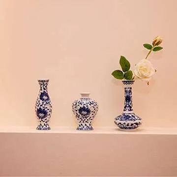 Blue and White Vase Set of 3, Cute Ceramic Bud vase in Bulk for Farmhouse Table Centerpiece Mini Vintage Vase for Rustic Wedding Decorations, Home Table Flower Decor