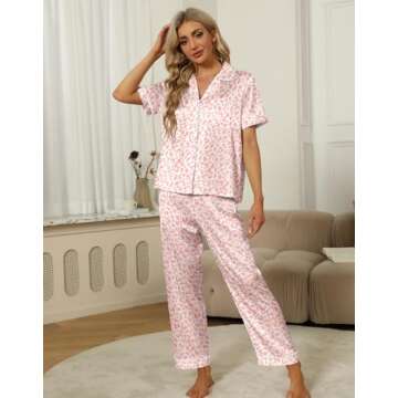 SAPJON Silk Pajamas for Women Set 4Pcs Ruffled Satin Pajamas Set Button Down Short Sleeve Cami Shorts Sleepwear Pj Set Pink Leopard