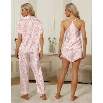 SAPJON Silk Pajamas for Women Set 4Pcs Ruffled Satin Pajamas Set Button Down Short Sleeve Cami Shorts Sleepwear Pj Set Pink Leopard