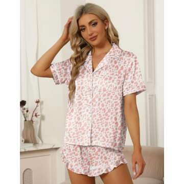 SAPJON Silk Pajamas for Women Set 4Pcs Ruffled Satin Pajamas Set Button Down Short Sleeve Cami Shorts Sleepwear Pj Set Pink Leopard