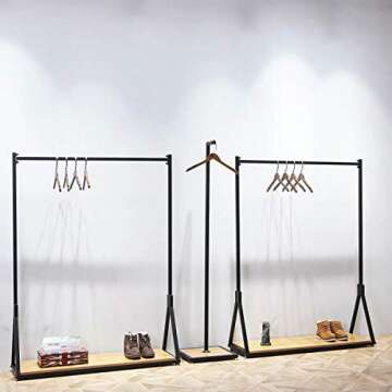 FURVOKIA Modern Simple Heavy Duty Metal Rolling Garment Rack with Wheel,Retail Display Clothing Rack with Wood, Single Rod Floor-Standing Hangers Clothes Shelves (Black Square Tube B, 47.2 L)