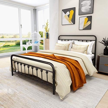 Diolong Queen Bed Frame with Headboard - Vintage Metal Bed Frame Foundation with Storage Space