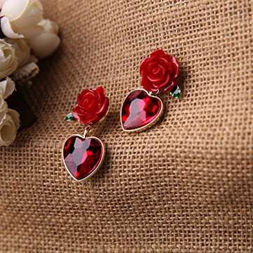 XCFS 18K Gold Plated Vintage Simulated Ruby Heart&Red Rose Flower Women Girls Stud Earrings
