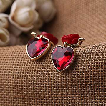 XCFS 18K Gold Plated Vintage Simulated Ruby Heart&Red Rose Flower Women Girls Stud Earrings