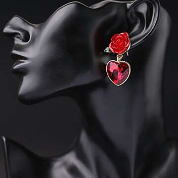 XCFS 18K Gold Plated Vintage Simulated Ruby Heart&Red Rose Flower Women Girls Stud Earrings