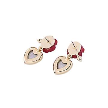 XCFS 18K Gold Plated Vintage Simulated Ruby Heart&Red Rose Flower Women Girls Stud Earrings