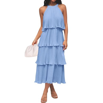 ZESICA Women's Summer Sleeveless Halter Neck Ruffle Tiered Layed Chiffon Flowy Swing Long Midi Dress,LightBlue,Small