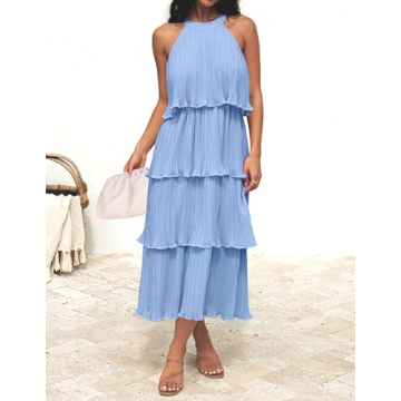 ZESICA Women's Summer Sleeveless Halter Neck Ruffle Tiered Layed Chiffon Flowy Swing Long Midi Dress,LightBlue,Small