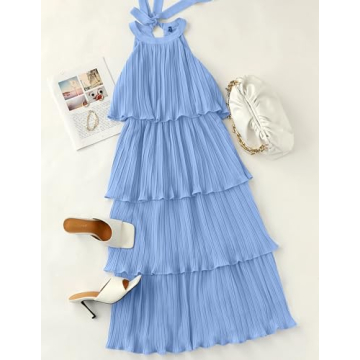 ZESICA Women's Summer Sleeveless Halter Neck Ruffle Tiered Layed Chiffon Flowy Swing Long Midi Dress,LightBlue,Small