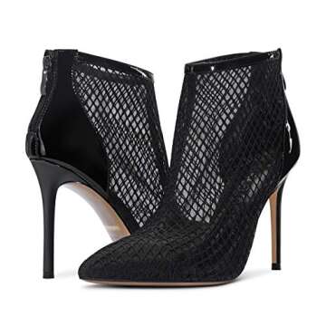 Castamere Women's Mesh Ankle Boots High Heels Sandals Booties Slip On Pointed Toe Stilettos Boots with Zipper 10CM Heels Black Shoes 10.5 M US