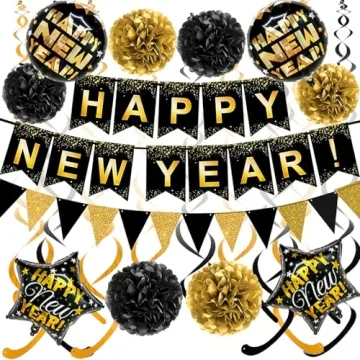 Luxury Gold & Black New Year Party Decor Kit - Eco-Friendly & Reusable