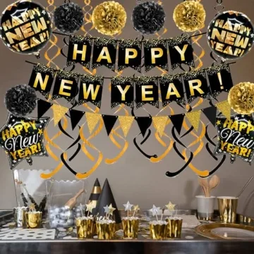 Luxury Gold Black New Year Party Decor Kit Eco-Friendly