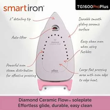 Oliso TG1600 Pro Plus 1800 Watt SmartIron with Auto Lift - for Clothes, Sewing, Quilting and Crafting Ironing | Diamond Ceramic-Flow Soleplate Steam Iron, Pink
