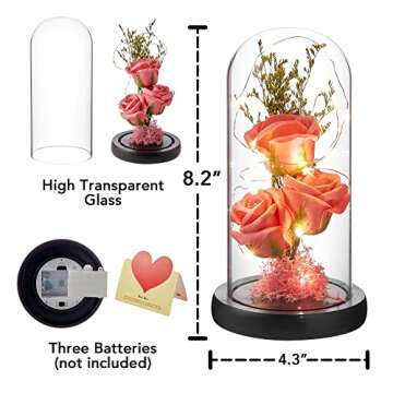 oridom Preserved Flower Gift, Light Up Rose in Glass Dome, Eternal Forever Rose Flower Gifts for Her, Grandma, Mother’s Day, Valentine’s Day, Anniversary, Birthday, Christmas Decorations, Rose Pink