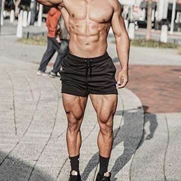 EVERWORTH Men's Solid Gym Workout Shorts Bodybuilding Running Fitted Training Jogging Short Pants with Zipper Pocket Black L