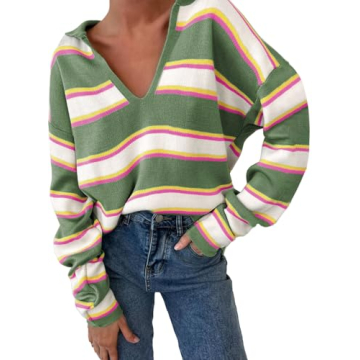 EVALESS Sweaters for Women Long Sleeve V Neck Striped Knit Loose Drop Shoulder Jumper Fall Lightweig...