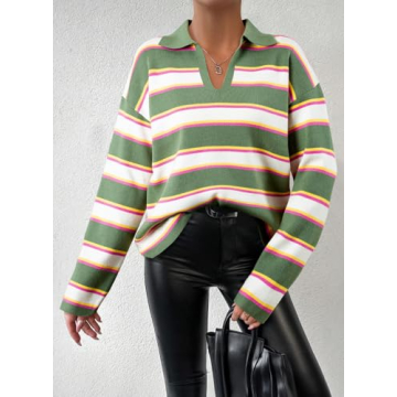 EVALESS Sweaters for Women Long Sleeve V Neck Striped Knit Loose Drop Shoulder Jumper Fall Lightweight 2024 Henley Pullover Junior Tops Winter Clothes S Yellow