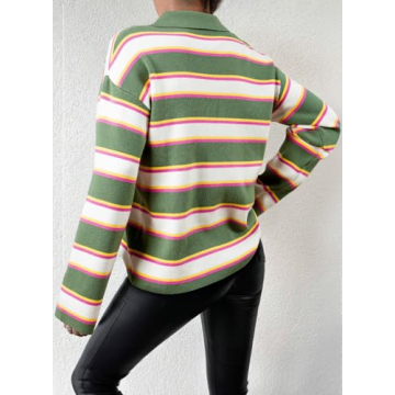 EVALESS Sweaters for Women Long Sleeve V Neck Striped Knit Loose Drop Shoulder Jumper Fall Lightweight 2024 Henley Pullover Junior Tops Winter Clothes S Yellow