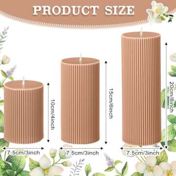 Conelist Ribbed Pillar Candles Set of 3, Width 3" High 4" 6" 8" Large Soy Wax Scented Pillar Candles...