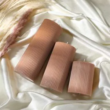 Conelist Ribbed Pillar Candles Set of 3, Width 3" High 4" 6" 8" Large Soy Wax Scented Pillar Candles Aesthetic Ribbed Modern Home Decor for Bathroom Living Room(Brown)