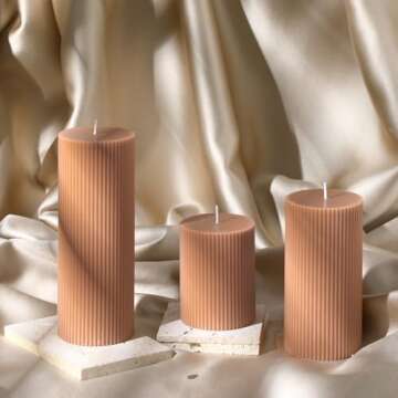 Conelist Ribbed Pillar Candles Set of 3, Width 3" High 4" 6" 8" Large Soy Wax Scented Pillar Candles Aesthetic Ribbed Modern Home Decor for Bathroom Living Room(Brown)