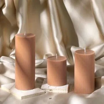 Conelist Ribbed Pillar Candles Set of 3, Width 3" High 4" 6" 8" Large Soy Wax Scented Pillar Candles Aesthetic Ribbed Modern Home Decor for Bathroom Living Room(Brown)