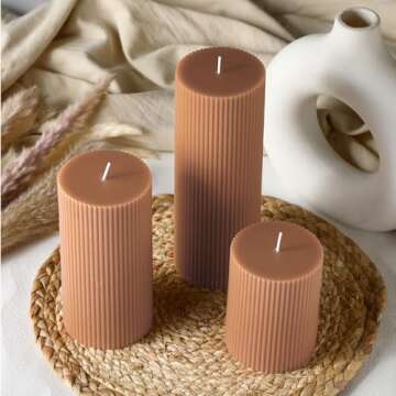 Conelist Ribbed Pillar Candles Set of 3, Width 3" High 4" 6" 8" Large Soy Wax Scented Pillar Candles Aesthetic Ribbed Modern Home Decor for Bathroom Living Room(Brown)