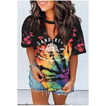 Halloween Hollow Out V Neck T-Shirts for Women Sanderson Witch Museum Graphic Tee Reverse Tie Dye