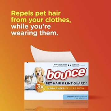 Bouce Bounce Pet Hair and Lint Guard Mega Dryer Sheets for Laundry, Fabric Softener with 3X Pet Hair Fighters, Unscented, Hypoallergenic, 120 Count