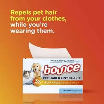 Bouce Bounce Pet Hair and Lint Guard Mega Dryer Sheets for Laundry, Fabric Softener with 3X Pet Hair Fighters, Unscented, Hypoallergenic, 120 Count