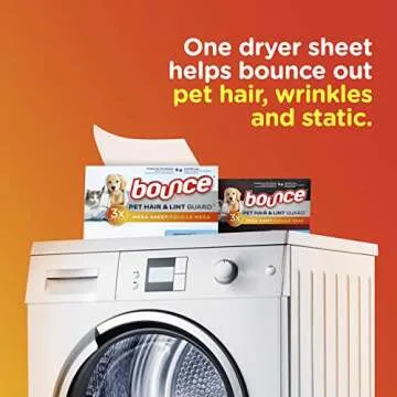 Bouce Bounce Pet Hair and Lint Guard Mega Dryer Sheets for Laundry, Fabric Softener with 3X Pet Hair Fighters, Unscented, Hypoallergenic, 120 Count