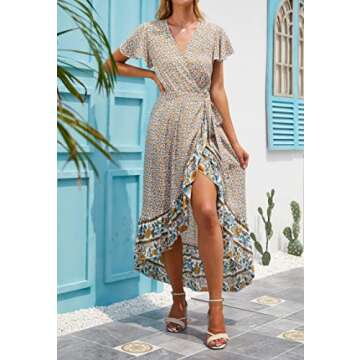 ZESICA Women's Summer Bohemian Floral Printed Wrap V Neck Beach Party Flowy Ruffle Midi Dress,Cream,...
