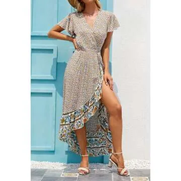 ZESICA Women's Summer Bohemian Floral Printed Wrap V Neck Beach Party Flowy Ruffle Midi Dress,Cream,Small