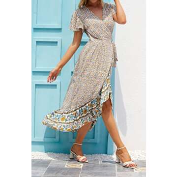 ZESICA Women's Summer Bohemian Floral Printed Wrap V Neck Beach Party Flowy Ruffle Midi Dress,Cream,Small