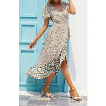 ZESICA Women's Summer Bohemian Floral Printed Wrap V Neck Beach Party Flowy Ruffle Midi Dress,Cream,Small