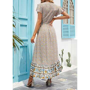 ZESICA Women's Summer Bohemian Floral Printed Wrap V Neck Beach Party Flowy Ruffle Midi Dress,Cream,Small