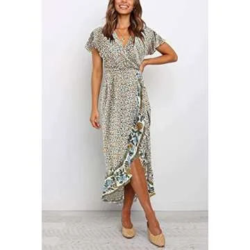 ZESICA Women's Summer Bohemian Floral Printed Wrap V Neck Beach Party Flowy Ruffle Midi Dress,Cream,Small