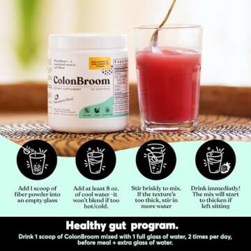 ColonBroom Psyllium Husk Powder (Strawberry) - Colon Cleanse for Bloating Relief & Gut Health - Colon Broom Fiber Powder Drink - Vegan, Gluten Free, Non-GMO Fiber Powder Supplement, 60 Servings