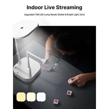 JSAUX Phone Stand for Recording, Content Creator Kit, Selfie Stand 360 Rotation with LED Light, Overhead Phone Holder Mount for Video Recording/Live Streaming/Photo, Tiktok/INS/YouTube Starter kit