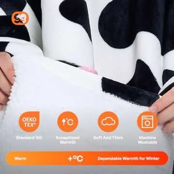 Giggling Getup Cow Wearable Blanket Hoodie - Oversized Soft Sherpa Fleece Hooded Blanket - Warm Cozy Plush Flannel Blanket Sweatshirt Gifts - with Giant Pocket and Sleeves for Adults Women Men