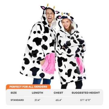 Giggling Getup Cow Wearable Blanket Hoodie - Oversized Soft Sherpa Fleece Hooded Blanket - Warm Cozy Plush Flannel Blanket Sweatshirt Gifts - with Giant Pocket and Sleeves for Adults Women Men