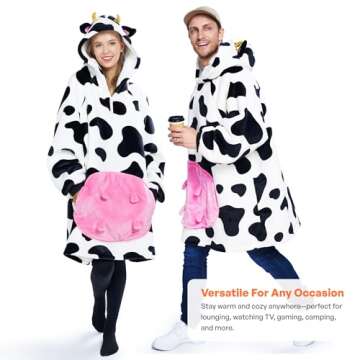 Giggling Getup Cow Wearable Blanket Hoodie - Oversized Soft Sherpa Fleece Hooded Blanket - Warm Cozy Plush Flannel Blanket Sweatshirt Gifts - with Giant Pocket and Sleeves for Adults Women Men