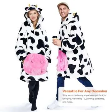 Giggling Getup Cow Wearable Blanket Hoodie - Oversized Soft Sherpa Fleece Hooded Blanket - Warm Cozy Plush Flannel Blanket Sweatshirt Gifts - with Giant Pocket and Sleeves for Adults Women Men