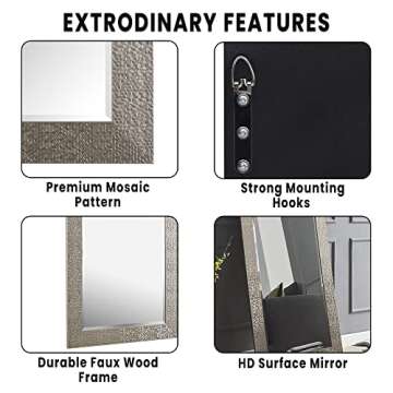 Naomi Home Mosaic Full Length Mirror – 66" L x 32" W Large Decorative Wall Mirror with Faux Wood Frame Tall Full Body Floor Mirror in Elegant Champagne for Bedroom and Living Room